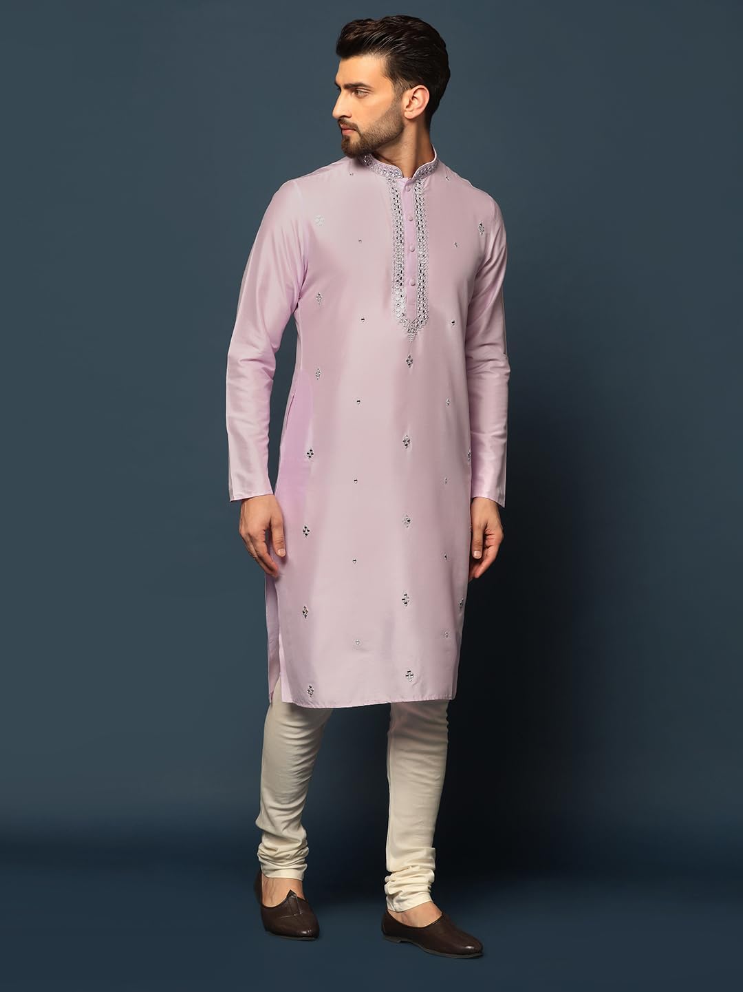 KISAH Men's Kurta – Mirror Work Embroidery Cotton Blend Tunic with Mandarin Collar, Regular Fit – Indian Wedding Outfit for Men – Festive Wear for Diwali, Eid & Celebrations, Lilac, 44
