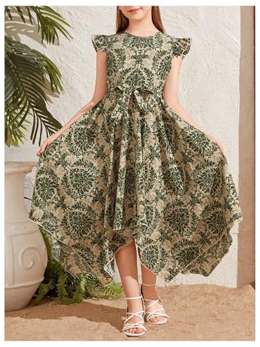 SweatyRocks Girl's Ruffle Cap Sleeve Dresses Asymmetrical A Line Boho Dress with Belt3