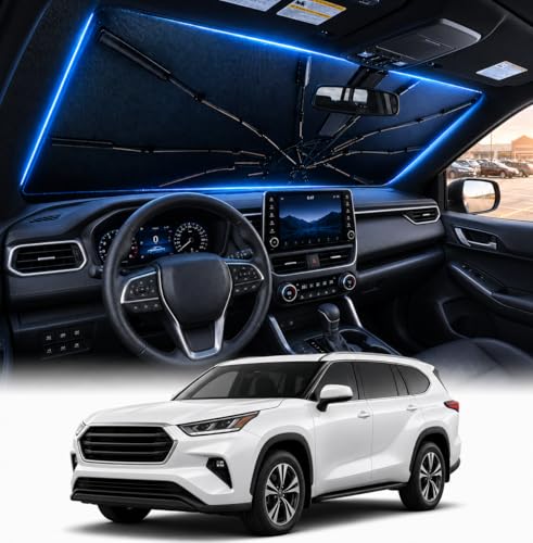 [2026 Upgraded] DooGooCoo Windshield Sun Shade Umbrella for Toyota Highlander 2020-2025 2026 [100% Sunlight Blocked Cooling Ice Crystal] Sunshade for Car Windshield for Highlander Sun Shade.