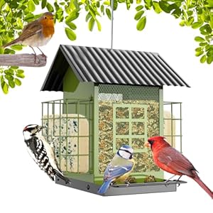 Bird Feeders for Outdoors Hanging, Metal Bird Feeder with Double Suet Cage Cake, Large Capacity, Birdfeeders Sturdy & Weatherproof, Easy to Clean & Refill, Great for Attracting Wild Birds