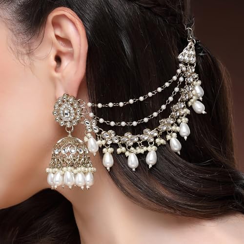 Image of Zeneme Traditional Gold Plated White Kundan Pearl Beaded Jhumkas With Multi Layered Ear Chain Earrings for Women & Girls