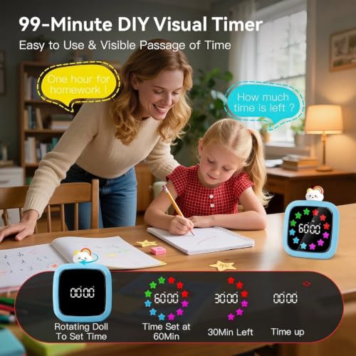 Image of Yunbaoit Digital Visual Timer for Kids, 99-Minute Countdown, Rechargeable | Blue Protective Case, 19 Music Alarm, Pause Function, 9 Optional DIY Color Star Display, Rainbow Doll, for Homeschool