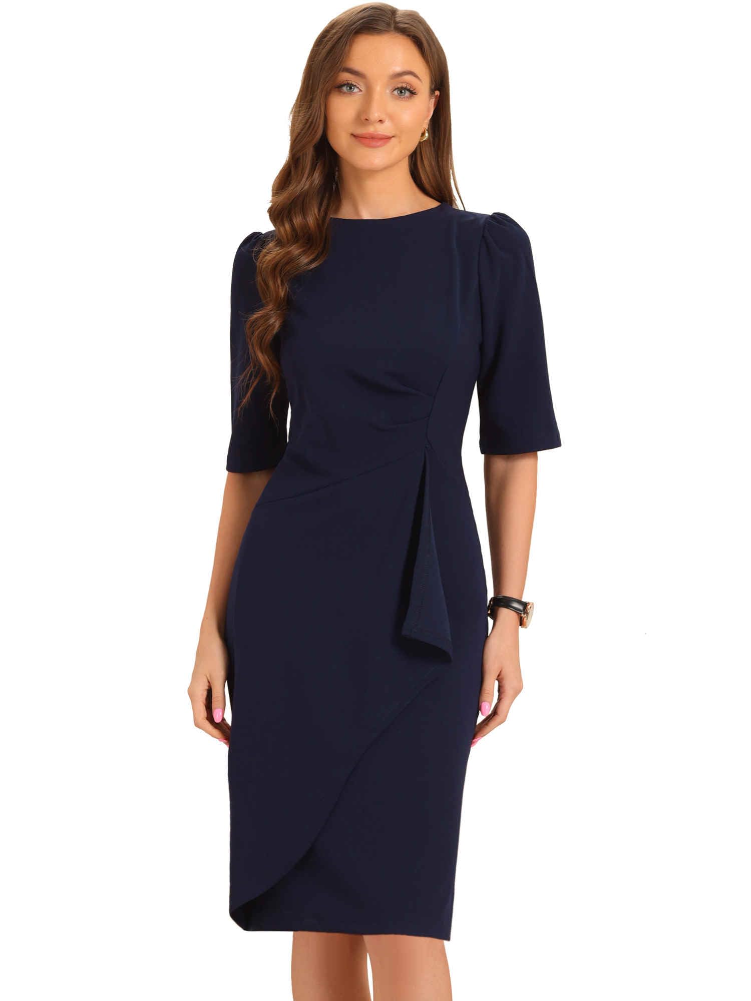 Allegra K Ruched Dress for Womens Short Sleeve Business Work Dress Trendy