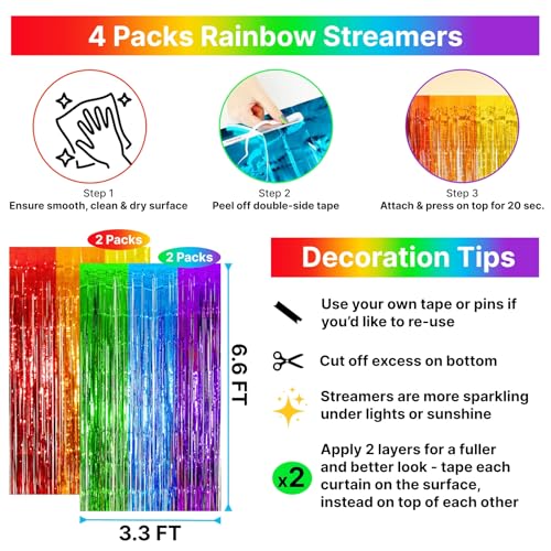 Image of 4 Pack Rainbow Foil Fringe Curtains, 13.2x6.6ft Colorful Tinsel Streamers Backdrop, Photo Backdrop for Birthday, Wedding, Baby Shower, Back to School, Pride Month | Rainbow Streamers Party Decorations