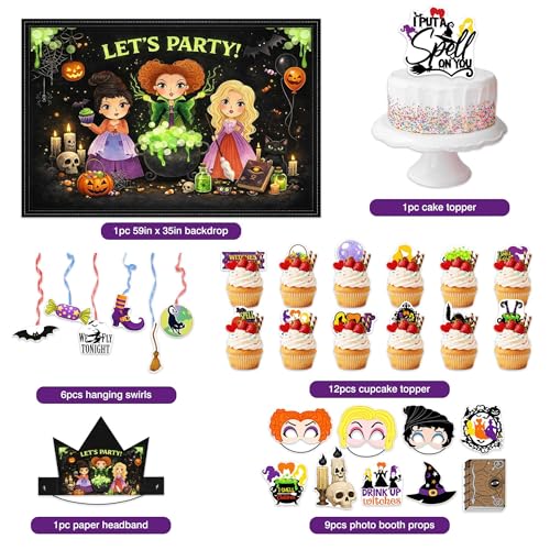 Allenjoy Halloween Witch Party Decorations Set with Backdrop, Headbands, Masks, Cupcake Toppers, Hanging Swirls and Photo Booth Props, Party Supplies and Favors by Allenjoy - Used condition - Image 2