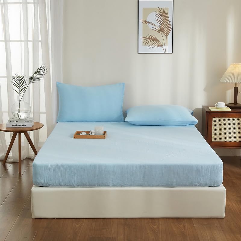 Gezu Musselin Spannbettlaken 90 x 200 cm, 100 % Baumwolle, hellblau, einfarbig, Bettlaken, Baumwollgaze, Spannbettlaken, atmungsaktiv, für dicke Matratzen, hypoallergen, bügelfrei, elastischer Saum