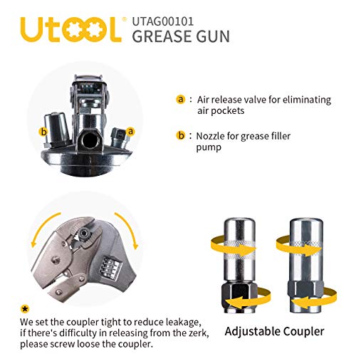 UTOOL Grease Gun, 7000 PSI Heavy Duty Pistol Grip Grease Gun Set with 14 oz Load, 18 Inch Spring Flex Hose, 2 Working Coupler, 2 Extension Rigid Pipe and 1 Sharp Type Nozzle Included, Silver