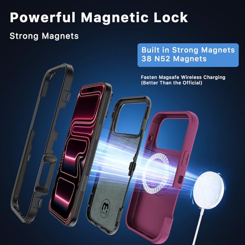 Image of M MYBAT PRO for iPhone 17 Pro Case with Belt Clip Holster,[Compatible with Magsafe] w /Screen Protector,Anti-Drop,Shockproof,w 360Rotating Kickstand,Heavy Duty Protection (Plum)