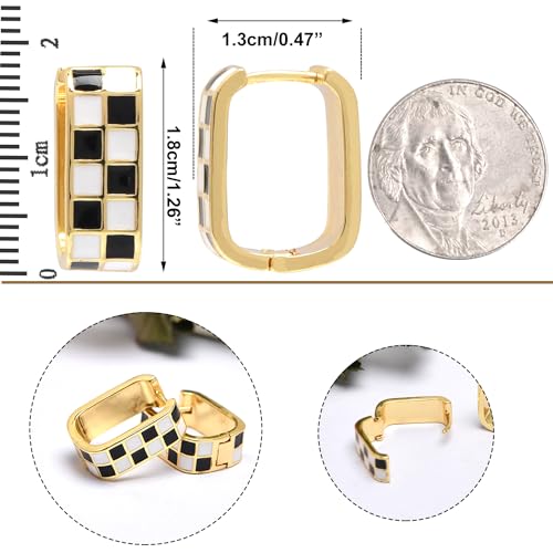 Dainty Checkered Hoop Earrings, 18K Gold Filled Enamel, Chunky Oval Hoops, Hypoallergenic Earrings2