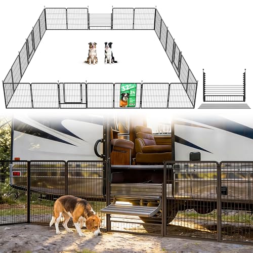 Image of FXW Instant Dog Playpen with RV Step Grid for RV Camping, 32 inch H, 24 Panels | Quick-Setup & Heavy-Duty Play Yard, Helps Close Stair Gaps, Fits 30 inch RV Step Opening, For Small & Medium Dogs, Patented