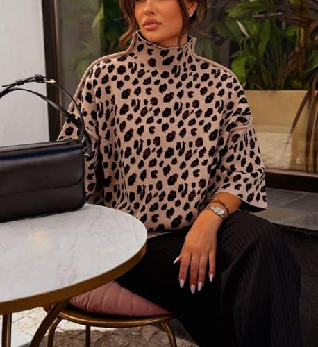 utcoco Women's Leopard Print Sweater Mock Neck 3/4 Bell Sleeve Pullover Loose Fall Winter Knit Top2