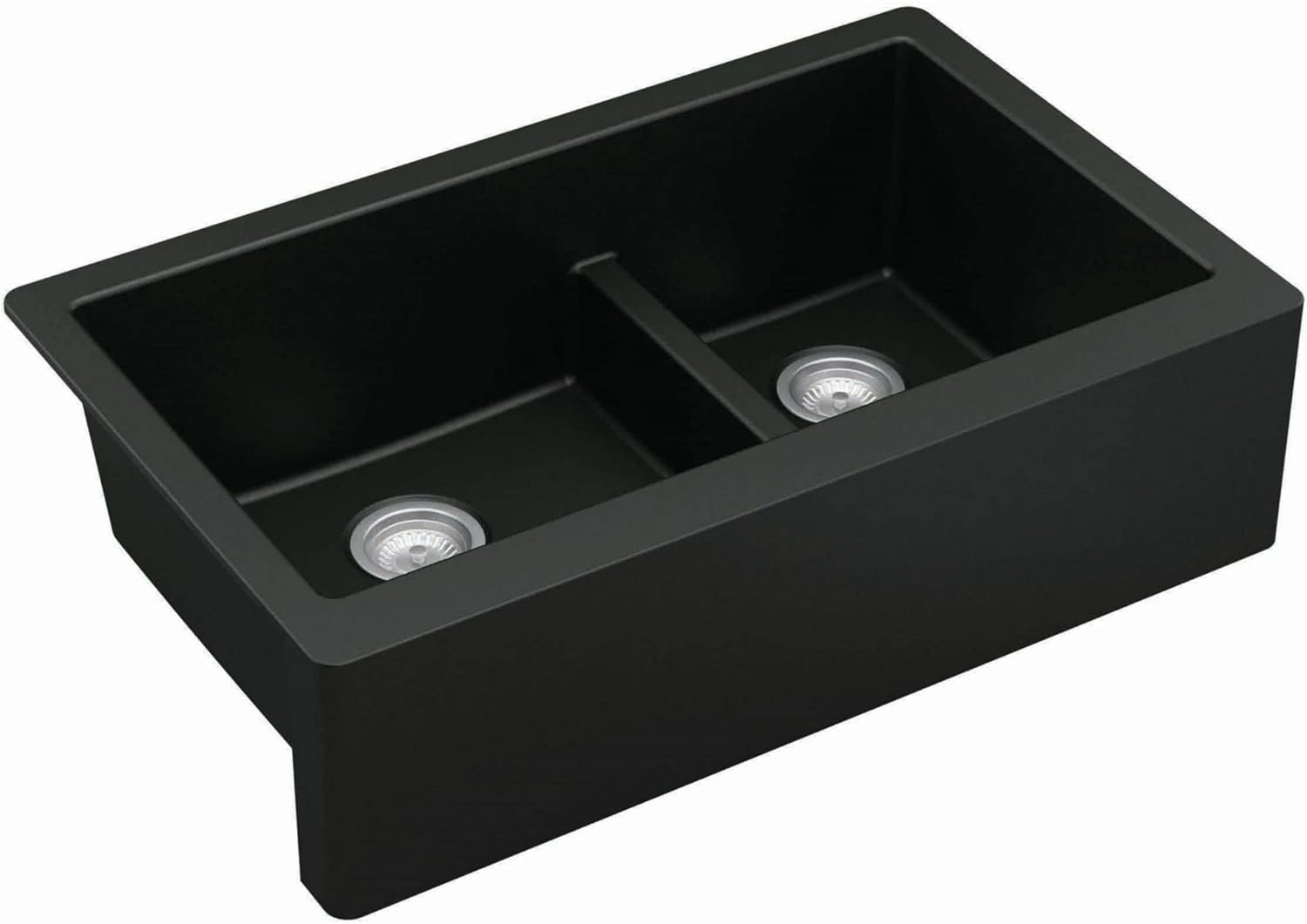 Karran Farmhouse Apron Front Quartz Composite Kitchen Sink, 34 in. 60/40 Double Bowl Low Divide, Heat & Scratch Resistant, Rear Drain (Black)