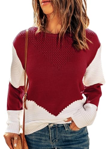 Image of Dokotoo Womens Crochet Crewneck Long Sleeve Pullovers Color Block Tunic Ribbed Sweaters Jumper Tops