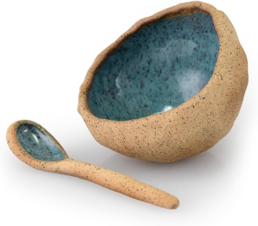 American Made Ceramic Stoneware Spice/Salt Pinch Pod, 3.25" with Spoon (Azure Blue)