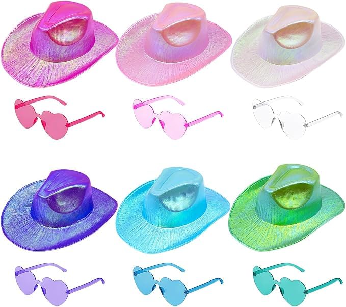 Xaztr 12Pcs Cowboy Hat Set, Space Cowboy Hat with 6 Heart Glasses Holographic Glitter Cowgirl Bride Hat for Women Men Party Costume