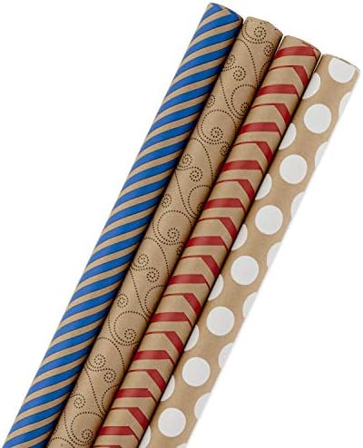 Hallmark Wrapping Paper Bundle - Kraft Brown with Red, Blue, White, Black Designs (Pack of 4, 88 sq. ft. ttl.) for Christmas, Birthdays, Father's Day, Kids Crafts, Care Packages, Handmade Banners