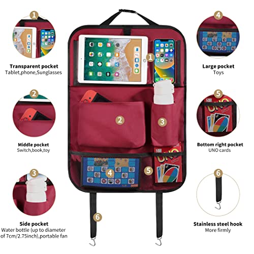 Image of LUCMO Car Backseat Organizer with Foldable Tablet Holder,Red | 6 Storage Pockets,Foldable Food Tray,Protectors Kick Mats,Travel Accessories,Seat Cover,Road Trip Essentials