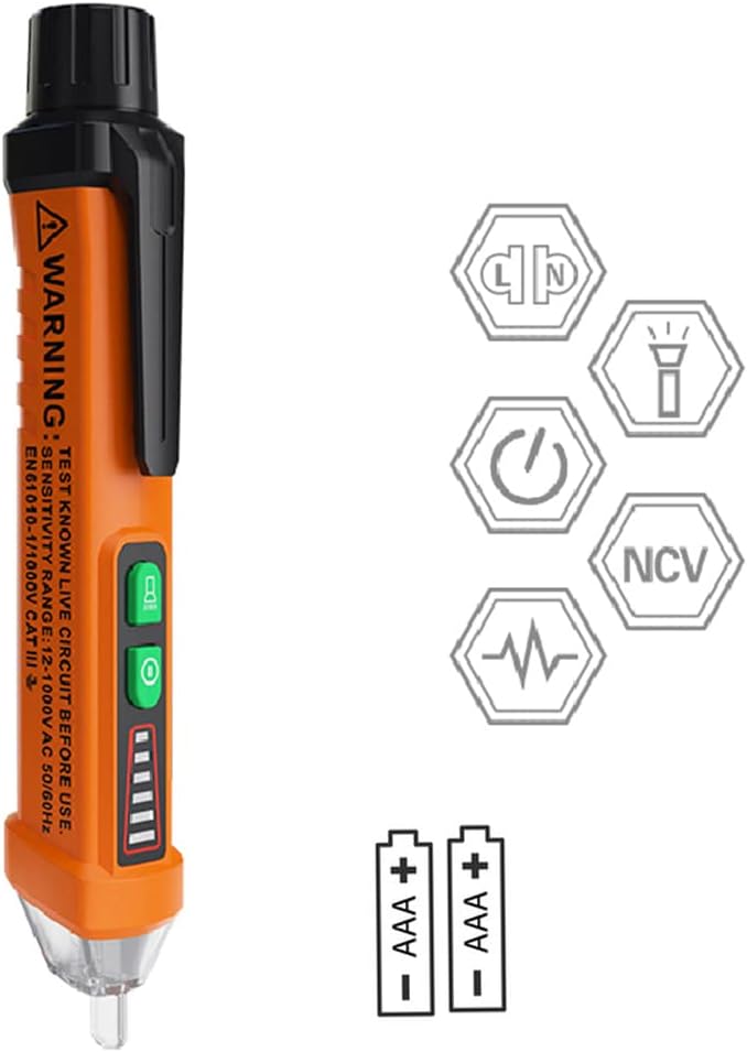 amiciSense Voltage Detector PEAKMETER PM8908C Non-Contact Voltage Tester 50-60Hz AC 12-1000V Pen Circuit Detector Electrical Tool with Work Light and 2 AAA Batteries