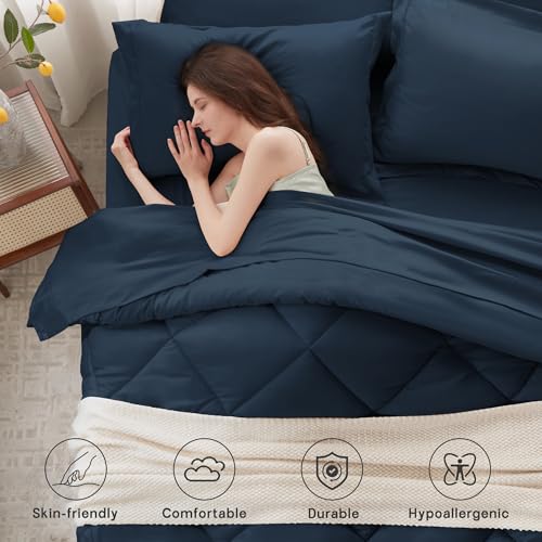 Anluoer Twin Comforter Set,Navy Blue Bed in a Bag 5 Piece,Lightweight Bedding Set with Soft Down Alternative Fill,Bed Set Includes Comforter, Fitted Sheet, Flat Sheet,Pillowcase and Sham