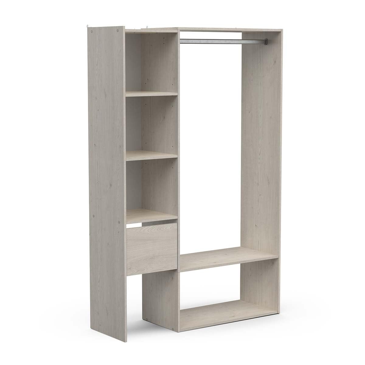 Demeyere Set guardaroba aperto, estensibile, con appendiabiti, 4 vani e 1 cassetto in legno, colore: rovere Topanga, 120 x 183 x 40 cm