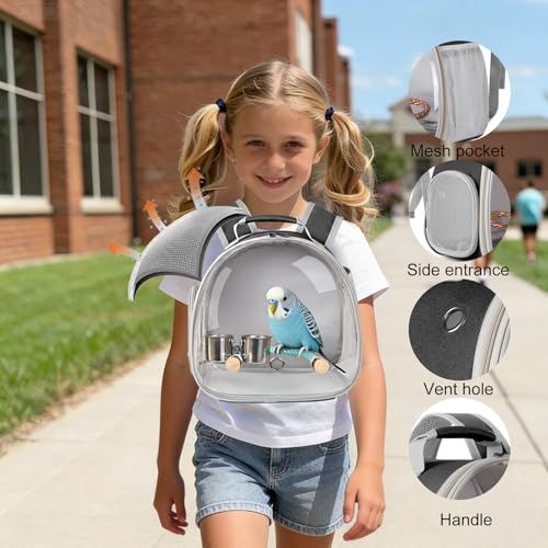Image of Small Bird Travel Backpack Carrier Cage with Cups, Backpack to Transport Backpack Carrier with Clamp Cups Stand Perch for Parakeet Cockatiel Budgies Vet Carry Book Bag Black
