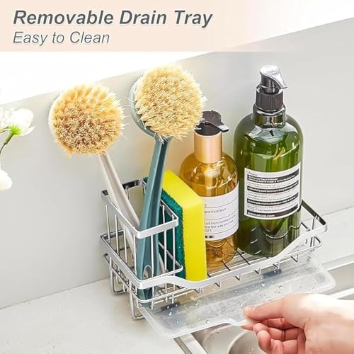 Image of BEHAHAI Sink Organiser, Stainless Steel, Wall Mount, with Brush Holder, Sponge Holder Cup, Drain Tray, Silver, for Kitchen and Washroom.