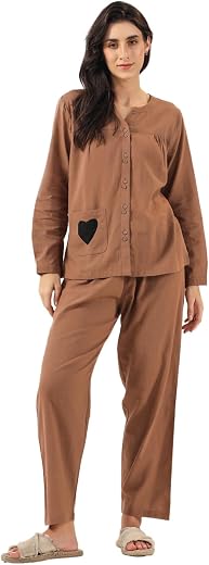 SAY Womens Cotton Night Dress Set Shirt and Pyjama Lounge Wear Night Dress (Brown, Large)