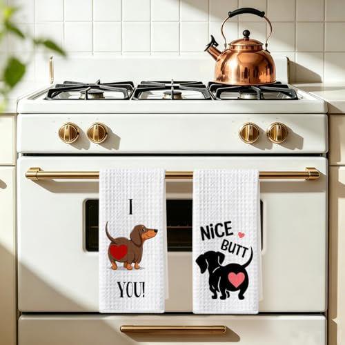 Image of 2 Pcs Dachshund Kitchen Towels 24x14 Inch, Dachshund Gifts Reusable Dish Towels for Kitchen Bathroom Decor, Waffle Weave I Love You Hand Cloth Tea Towel, Cute Dog Valentine's Gifts for Girlfriend Wife