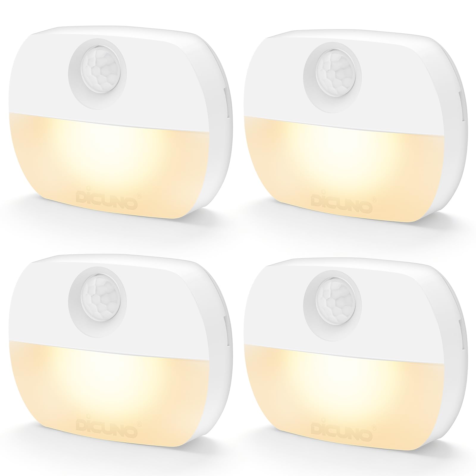 DiCUNO Motion Sensor Night Light, Stick-on Battery-Operated Lights, AUTO/ON/Off LED Indoor Wall Lights for Stairs, Cupboard, Wardrobe, Shelf, Toilet, Warm White 3000K, 4 Pcs