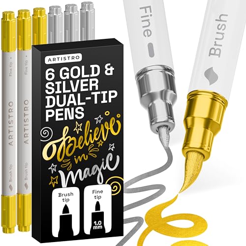 ARTISTRO Gold & Silver Acrylic Paint Pens Dual Tip Markers Brush & Fine Tip Paint Pens for Calligraphy Crafts Greeting Cards Ornament Decor DIY Art