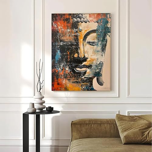 Image of PAINTINGMANTRA Abstract Buddha Painting for Living Room, Buddha wall Art Painting for living room, Bedroom, office and Meditation Room, Stretched Canvas, 16x22 Inch