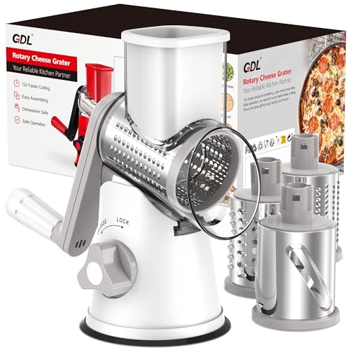 Image of Cheese Grater Rotary, Rotary Grater for Kitchen, Kitchen Grater Vegetable Slicer with 3 Drum Blades, Fast Cutting Cheese Shredder for Vegetables and Nuts