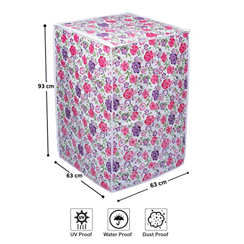 Image of Classic Top Load Washing Machine Cover Suitable for LG 8 Kg, 8.5 Kg, 9 Kg, 9.5 Kg, 10 Kg (63cmsX63cmsX93cms, White & Pink Flower)