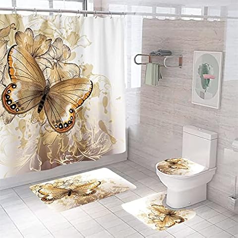 Byitre 4PCS Butterfly Shower Curtain Set with Non-Slip Rugs, Toilet Lid Cover and Bath Mat, 12 Hooks, Bathroom Sets Rugs Accessories Butterfly 14 71'' x 71'' Cover