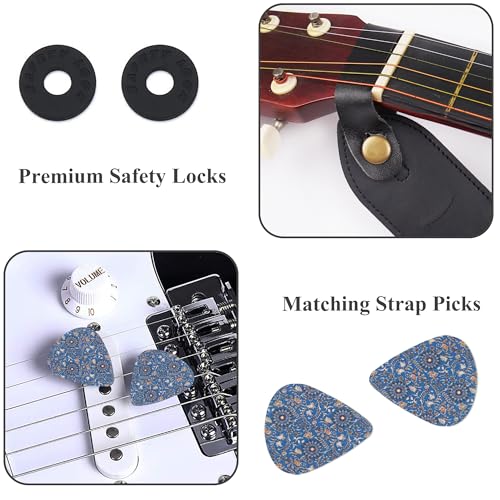 Image of Adjustable Guitar Strap Includes 2 Strap Locks & 2 Matching Picks & 1 Picks Holder & 1 leather Strap Button.