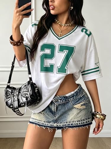 Image of Jersey Shirts for Women Y2k Graphic Tees V Neck Baggy Streetwear Number Oversized T Shirt Summer Tops