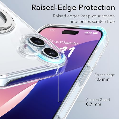 Image of eller sante Shiny Kickmag Back Cover Case for iPhone 16 Plus with Magnetic Ring Metal Kickstand Camera Screen Protector TPU Shockproof 10ft Drop Protection Compatible with Mag-Safe- Transparent