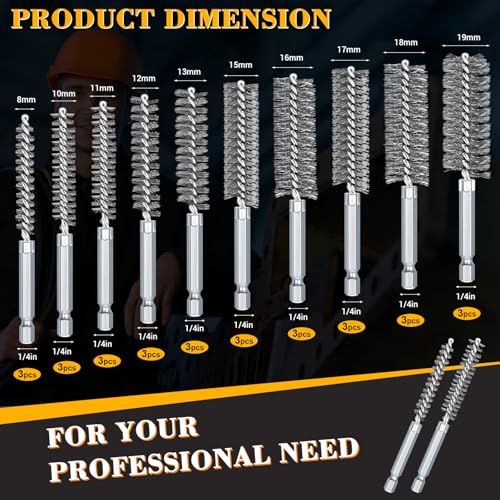 Image of Zonon 30 Pcs Bore Brush for Drill Wire Bore Cleaning Brush Set for Power Drill Impact Driver 1 /4 Inch Hex Shank, 8, 10, 11, 12, 13, 15, 16, 17, 18 and 19mm (Stainless Steel)