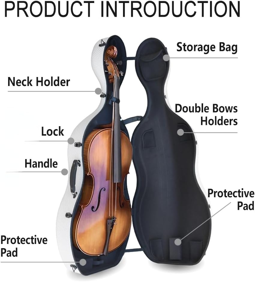 Vetimobato Carbon Fiber Cello Case for 4/4 Full Size Hard Shell with Wheels, Built-in Handle, Backpack Straps,​ Bow Holders Cello Accessories Box Strong & Ultralight (White Large Pattern)