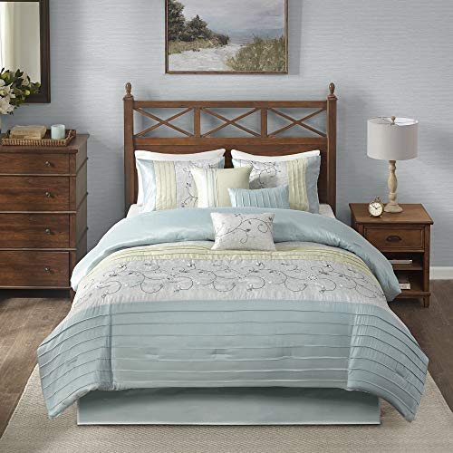 Madison Park Serene Faux Silk Comforter Set - Floral Embroidery Design, All Season Bedding Set, Matching Bed Skirt, Decorative Pillows, Aqua King(104"X92") 7 Piece #TOP2