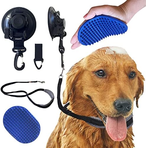Anakra Dog Bathing Supplies - Dog Shower & Bath Accessories - 1 Dog Shower Shampoo Brush - 1 Adjustable Grooming Loop Restraint for Dogs with Suction Cup (Blue 4-tip Brush, Padded Collar Leash)