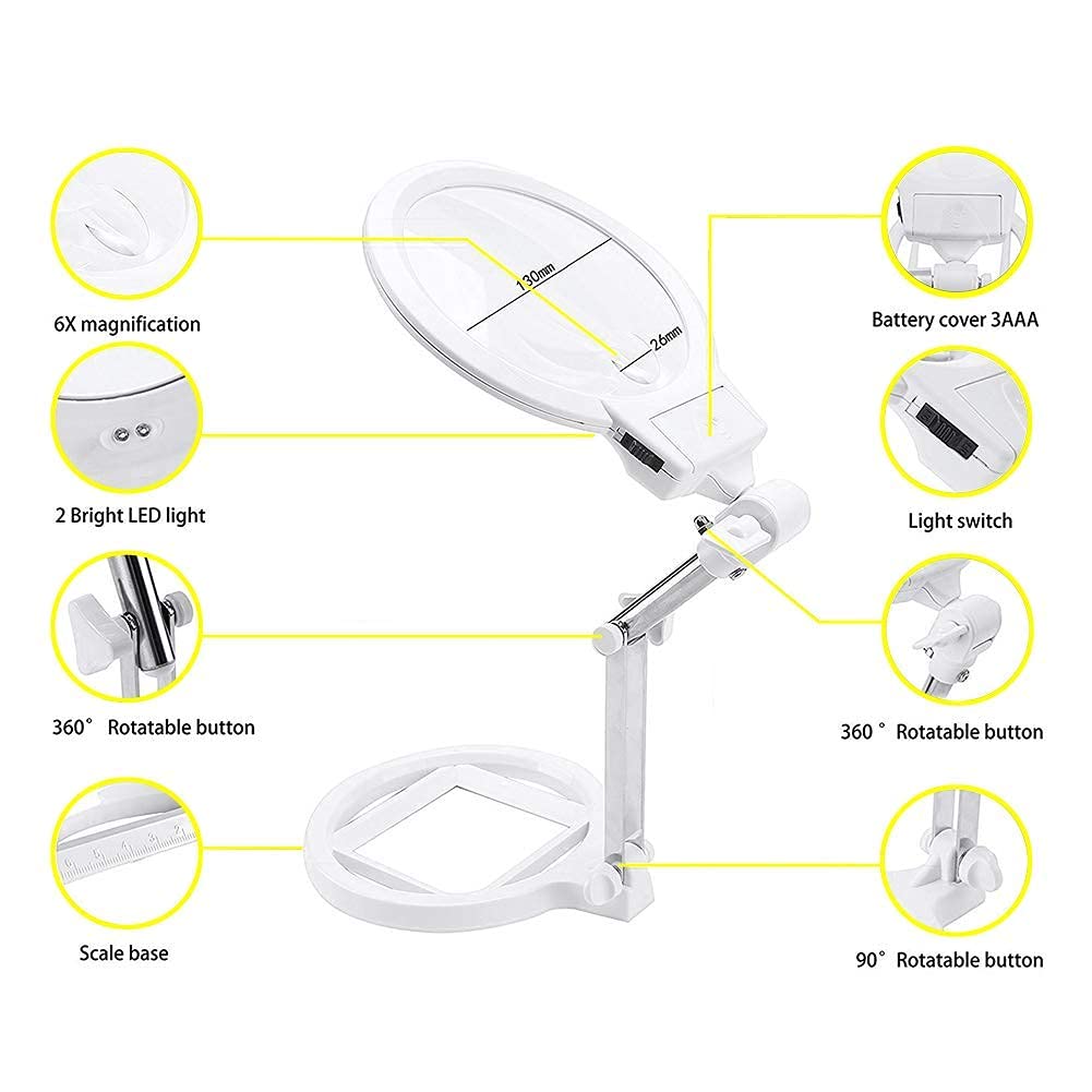 2,5-fach/5-fach vergrößernde, Faltbare 2-in-1-Tischlupe mit LED-Beleuchtung und Ständer zum Lesen, Beobachten und Basteln – freihändig nutzbar, beleuchtete Handlupe