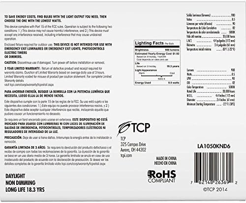 TCP 60W Equivalent, 9W LED A19 Light Bulbs, Non-Dimmable, Daylight (6 Pack)