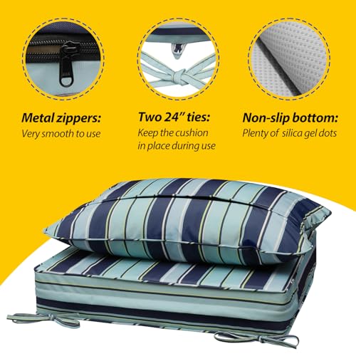 Image of AAAAAcessories Outdoor Seat Cushions for Chairs, Fade-Resistant, Waterproof Patio Furniture Replacement Cushions, 25.5 inch x 25.5 inch x 5 inch + 25.5 inch x 19 inch, Set of 2, Ash Teal Seaside Stripe
