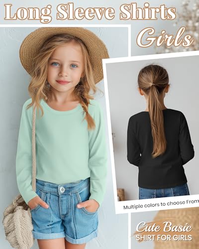3 Pack Girls' Long Sleeve Shirts Round Neck Soft Tunic Tops Loose Fit Casual Basic Pullover Tee for 5-14 Years4