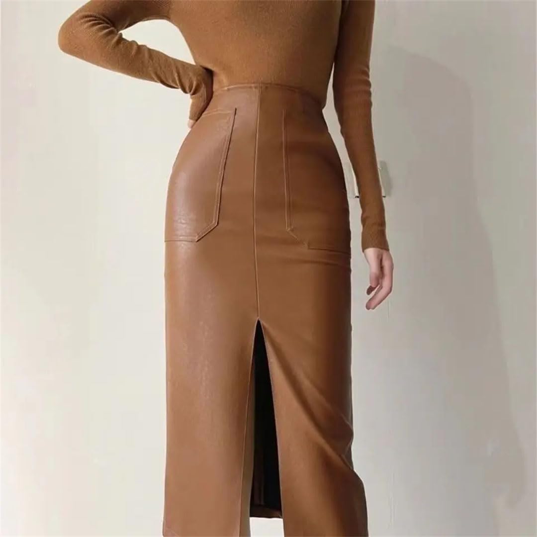 Alloaone Falda Midi De Cuero De PU para Mujer Bolsillo De Cintura Alta con Pliegue Informal Largo Dividido