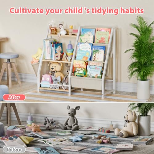 LATIBELL 3 Tier Kids Bookshelf and Toy Storage, Book Sling Shelf, Montessori Baby Toddler Bookshelf for Kids Bookcase, Toy Storage Organizer, for Playroom, Bedroom, Nursery (Burlywood) by LATIBELL - Image 6
