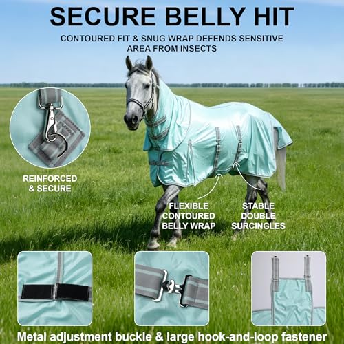 Image of Summer Horse Fly Sheet with Detachable Neck & Belly Wrap, Breathable Fine Mesh Sweet Itch Protection for Stable & Pasture Turnout, Biting Defense & All-Day Comfort Shield Moonlightgreen 66 inch