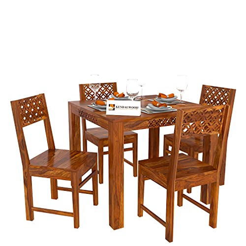 Image of KENDALWOOD Furniture | Sheesham Wood CNC Cuting Dining Table with Chairs & |1 Year Warranty | Dining Room Furniture | 4 Seater Dining Set, (Finish Color;-Honey Teak Finish) -DIY(Do-It-Yourself)