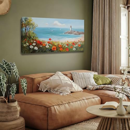 Ardemy Lighthouse Canvas Wall Art Large Ocean Wildflowers Printings Wall Decor Living Room Seascape Colorful Floral Wall Pictures Artwork for Walls Bedroom Bathroom Home Office, 40"x20" 40"L